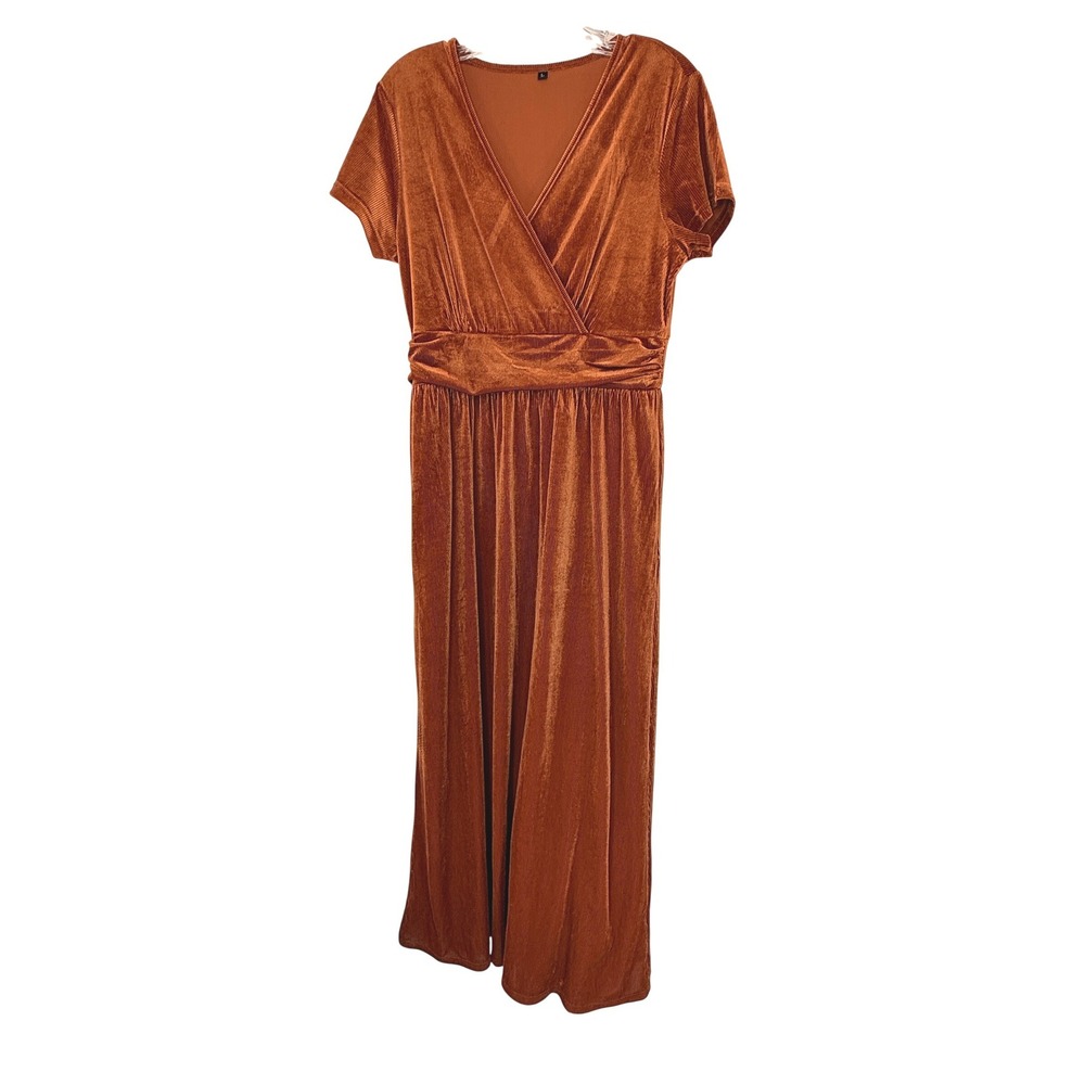 Women's Maxi Dress Velvet Short Sleeve Copper V-Neck Formal Event Holiday Large - Picture 1 of 13
